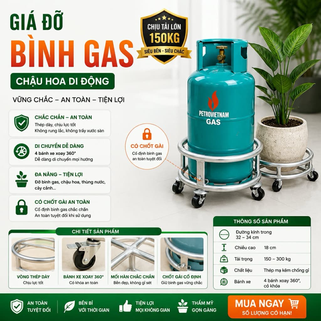 [Hàng cao cấp] Giá Đỡ Bình Gas Có Bánh Xe Đa Năng xoay 360 độ | Kệ Kê Chậu Cây Cảnh | Chắc Chắn Chịu Tải Tốt