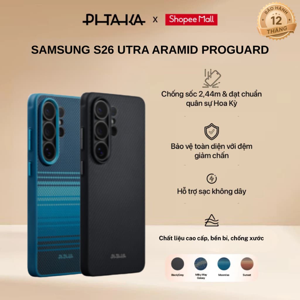 [Samsung S26 Ultra] Ốp lưng vải dệt Aramid Proguard -  PITAKA Cairn bảo vệ toàn diện full viền - hỗ trợ sạc không dây