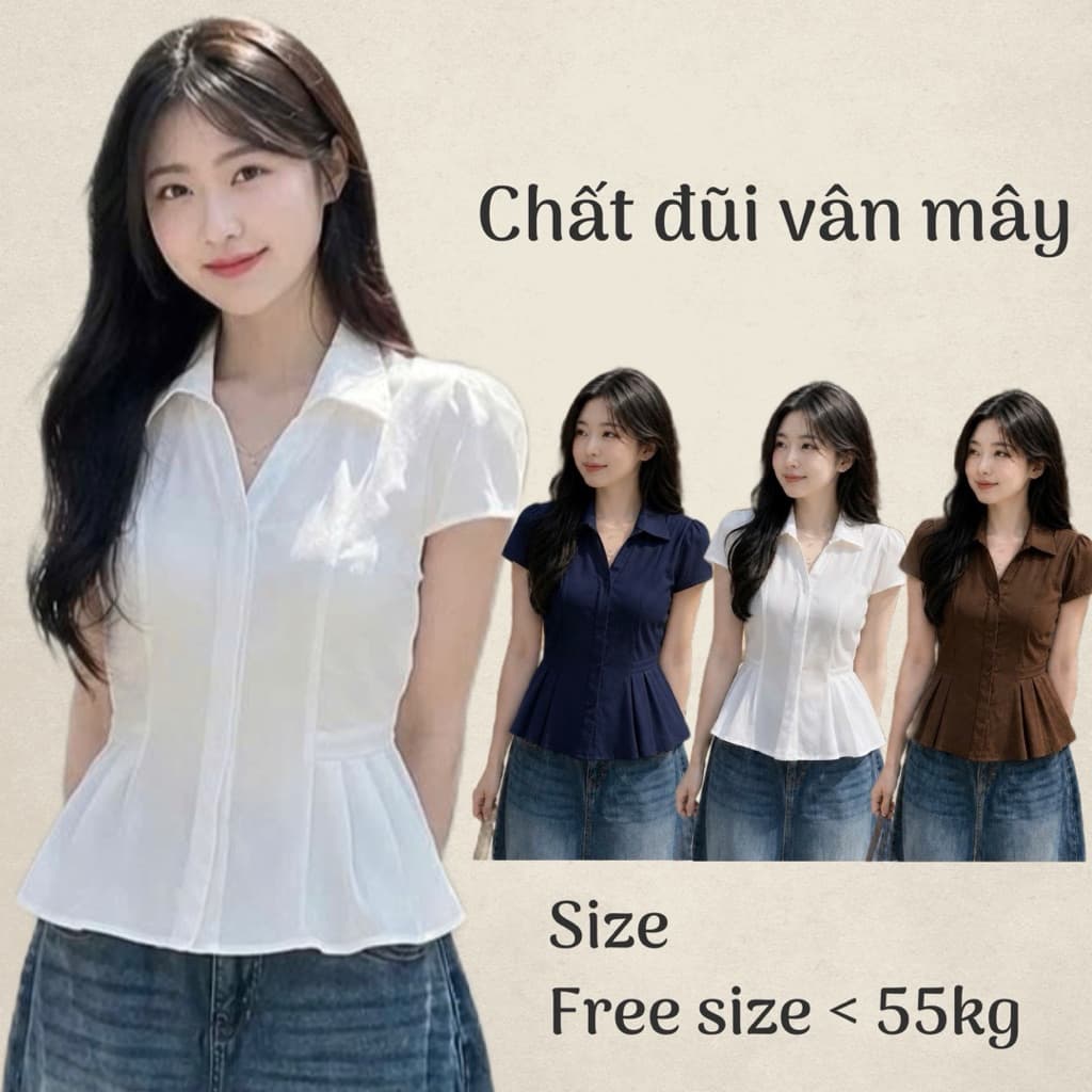 Áo sơ mi vân sọc ngắn tay dáng lửng xếp ly eo xinh xắn có dây buộc eo chất đũi vân mây BYN BYN KN237