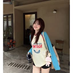 DÂY TÂY ( KÈM ẢNH THẬT ) Áo Thun Giấy Dài Tay 2359# MaoMao Áo Phông Dài Tay Raglan Phối Màu Mã 2359 In Chữ VINTAGE 5