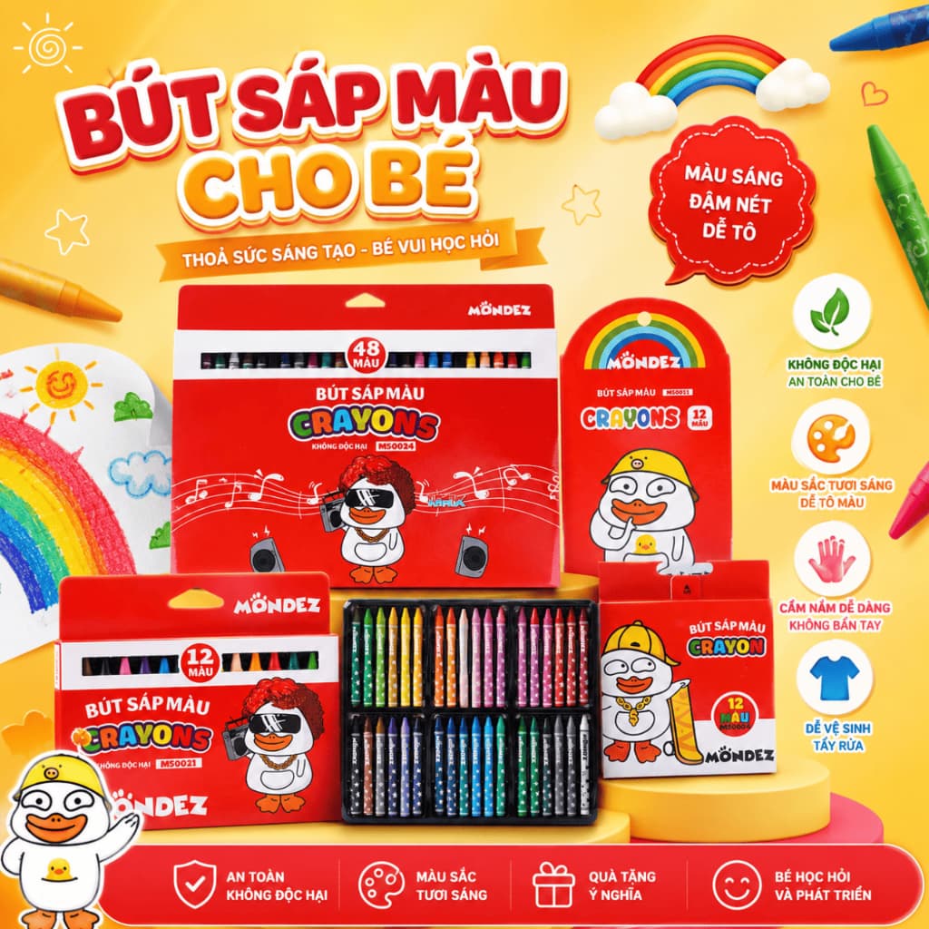 Bút Sáp Màu Cho Bé Tập Tô MONDEZ 12-48 Màu Tươi Sáng, Bám Giấy Tốt, Ít Vụn An Toàn Cho Bé Tập Tô