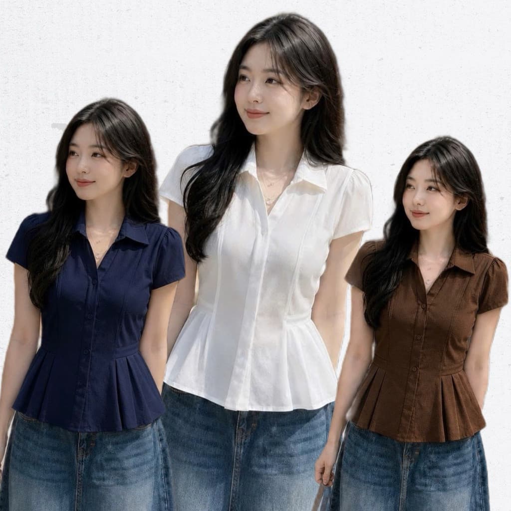 Áo sơ mi gân sọc xếp li eo cổ tim siêu tôn dáng chất đũi vân mây sang trọng BYN BYN KN237