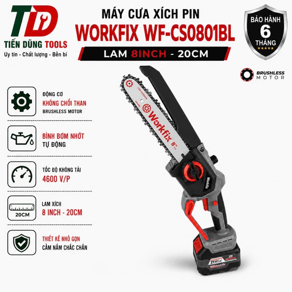 Máy cưa xích dùng pin Workfix WF-CS0801BL, Lam xích dài 8inch, Tra nhớt tự động - Chân pin phổ thông