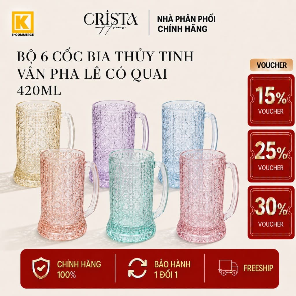 BỘ 6 CỐC BIA THỦY TINH VÂN PHA LÊ CÓ QUAI - CỐC UỐNG BIA - THỦY TINH CAO CẤP 420ML 60246