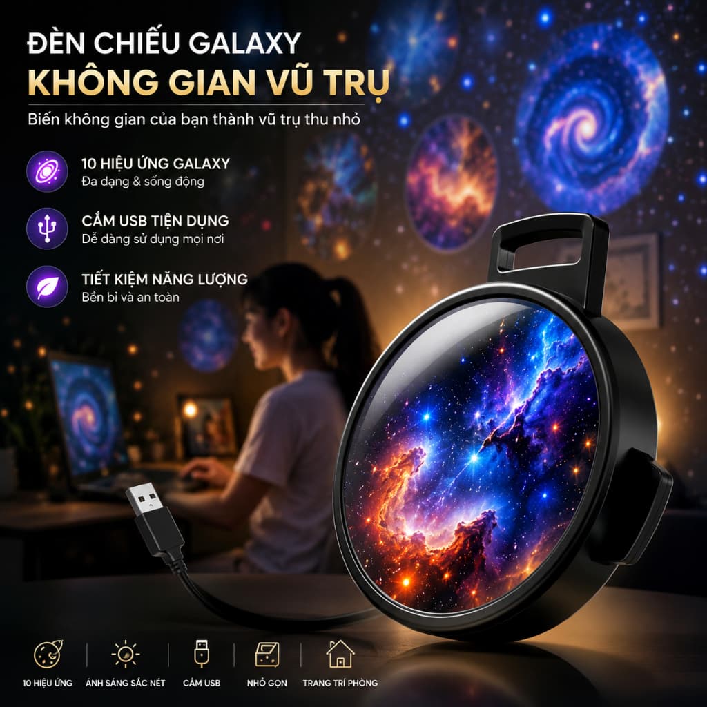 Đèn Chiếu Galaxy Mini USB 10 Đĩa Chiếu Vũ Trụ – Máy Chiếu Bầu Trời Sao, Tinh Vân, Thiên Hà Trang Trí Phòng Ngủ, cho bé