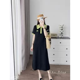 <Đầm Bầu Quynhanhhouse> (QC) #526 Váy tay bèo cổ xanh lá Free sz Bầu bí bon chen 3