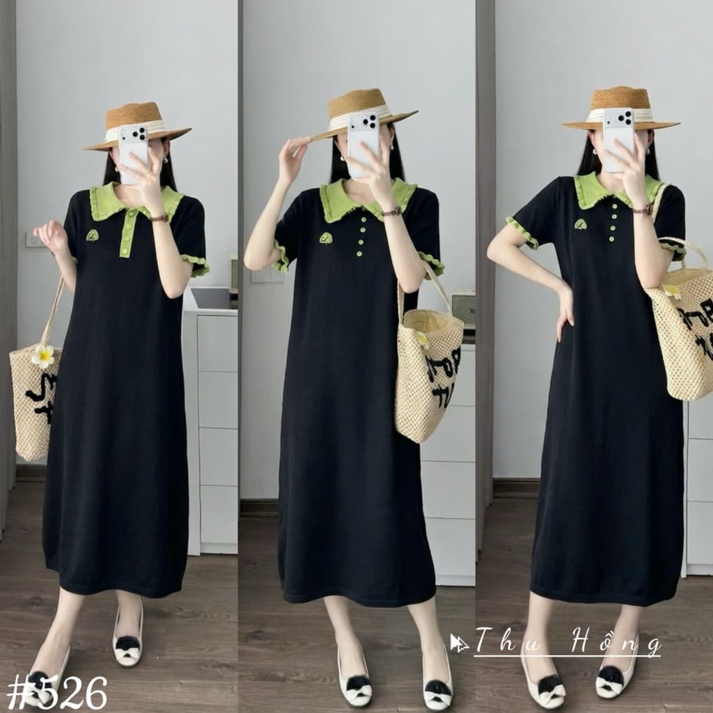 <Đầm Bầu Quynhanhhouse> (QC) #526 Váy tay bèo cổ xanh lá Free sz Bầu bí bon chen