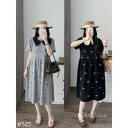 <Đầm Bầu Quynhanhhouse> (Qc) #525 Váy babydoll cổ sen thêu nơ Free sz ghi/đen Bầu bí bao đẹp 1