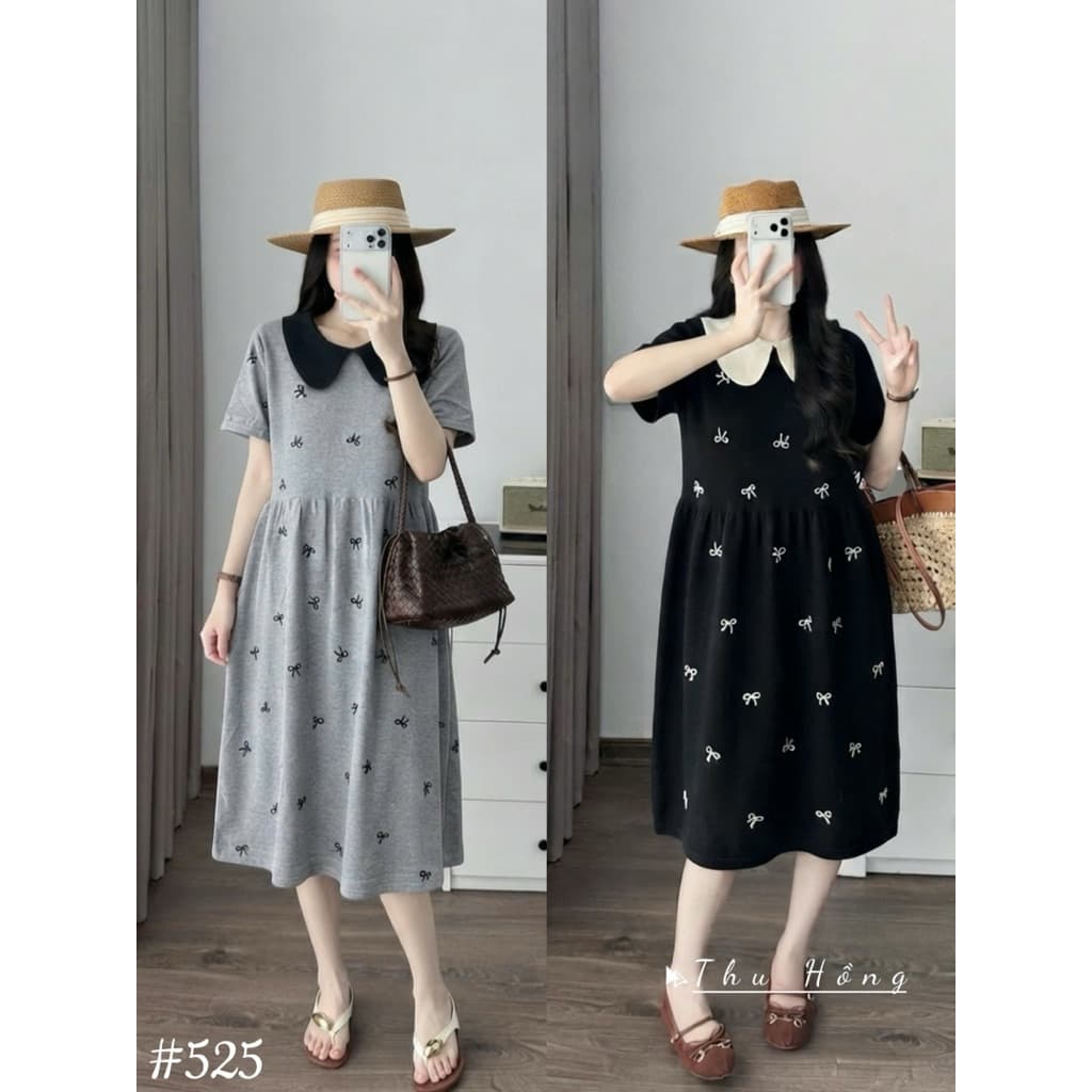 <Đầm Bầu Quynhanhhouse> (Qc) #525 Váy babydoll cổ sen thêu nơ Free sz ghi/đen Bầu bí bao đẹp