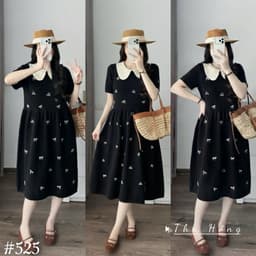 <Đầm Bầu Quynhanhhouse> (Qc) #525 Váy babydoll cổ sen thêu nơ Free sz ghi/đen Bầu bí bao đẹp 3
