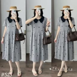<Đầm Bầu Quynhanhhouse> (Qc) #525 Váy babydoll cổ sen thêu nơ Free sz ghi/đen Bầu bí bao đẹp 2