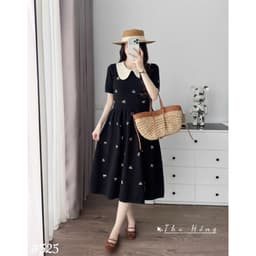 <Đầm Bầu Quynhanhhouse> (Qc) #525 Váy babydoll cổ sen thêu nơ Free sz ghi/đen Bầu bí bao đẹp 4