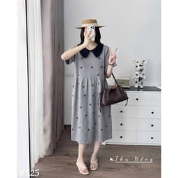 <Đầm Bầu Quynhanhhouse> (Qc) #525 Váy babydoll cổ sen thêu nơ Free sz ghi/đen Bầu bí bao đẹp 6