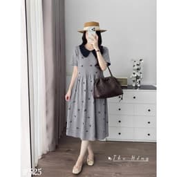 <Đầm Bầu Quynhanhhouse> (Qc) #525 Váy babydoll cổ sen thêu nơ Free sz ghi/đen Bầu bí bao đẹp 5