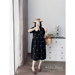 <Đầm Bầu Quynhanhhouse> (Qc) #525 Váy babydoll cổ sen thêu nơ Free sz ghi/đen Bầu bí bao đẹp 7