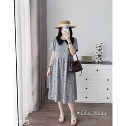 <Đầm Bầu Quynhanhhouse> (Qc) #525 Váy babydoll cổ sen thêu nơ Free sz ghi/đen Bầu bí bao đẹp 9