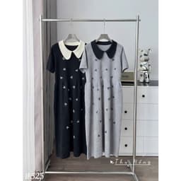 <Đầm Bầu Quynhanhhouse> (Qc) #525 Váy babydoll cổ sen thêu nơ Free sz ghi/đen Bầu bí bao đẹp 8