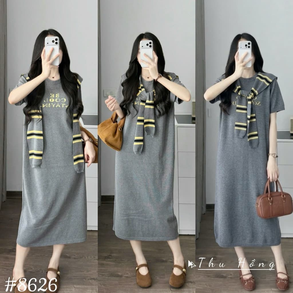 <Đầm Bầu Quynhanhhouse> (QC) #8626 Váy mtg khăn kẻ vàng Free sz  Bầu bí bao đẹp