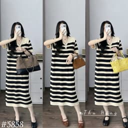 <Đầm Bầu Quynhanhhouse> (QC) #5858 Váy thủ thuỷ kẻ 2 khuy Free sz be/ghi/đỏ Bầu bí bon chen 3