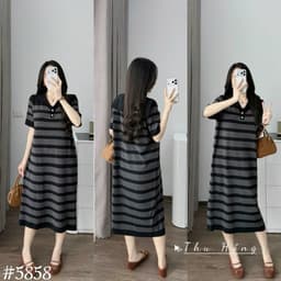 <Đầm Bầu Quynhanhhouse> (QC) #5858 Váy thủ thuỷ kẻ 2 khuy Free sz be/ghi/đỏ Bầu bí bon chen 4