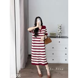 <Đầm Bầu Quynhanhhouse> (QC) #5858 Váy thủ thuỷ kẻ 2 khuy Free sz be/ghi/đỏ Bầu bí bon chen 5