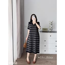 <Đầm Bầu Quynhanhhouse> (QC) #5858 Váy thủ thuỷ kẻ 2 khuy Free sz be/ghi/đỏ Bầu bí bon chen 7