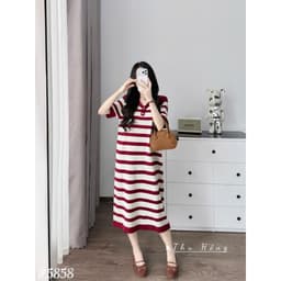 <Đầm Bầu Quynhanhhouse> (QC) #5858 Váy thủ thuỷ kẻ 2 khuy Free sz be/ghi/đỏ Bầu bí bon chen 9