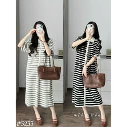 <Đầm Bầu Quynhanhhouse> (Qc) #5233 Váy polo kẻ khuy dọc Free sz ghi/đen Bầu bí bao đẹp 1