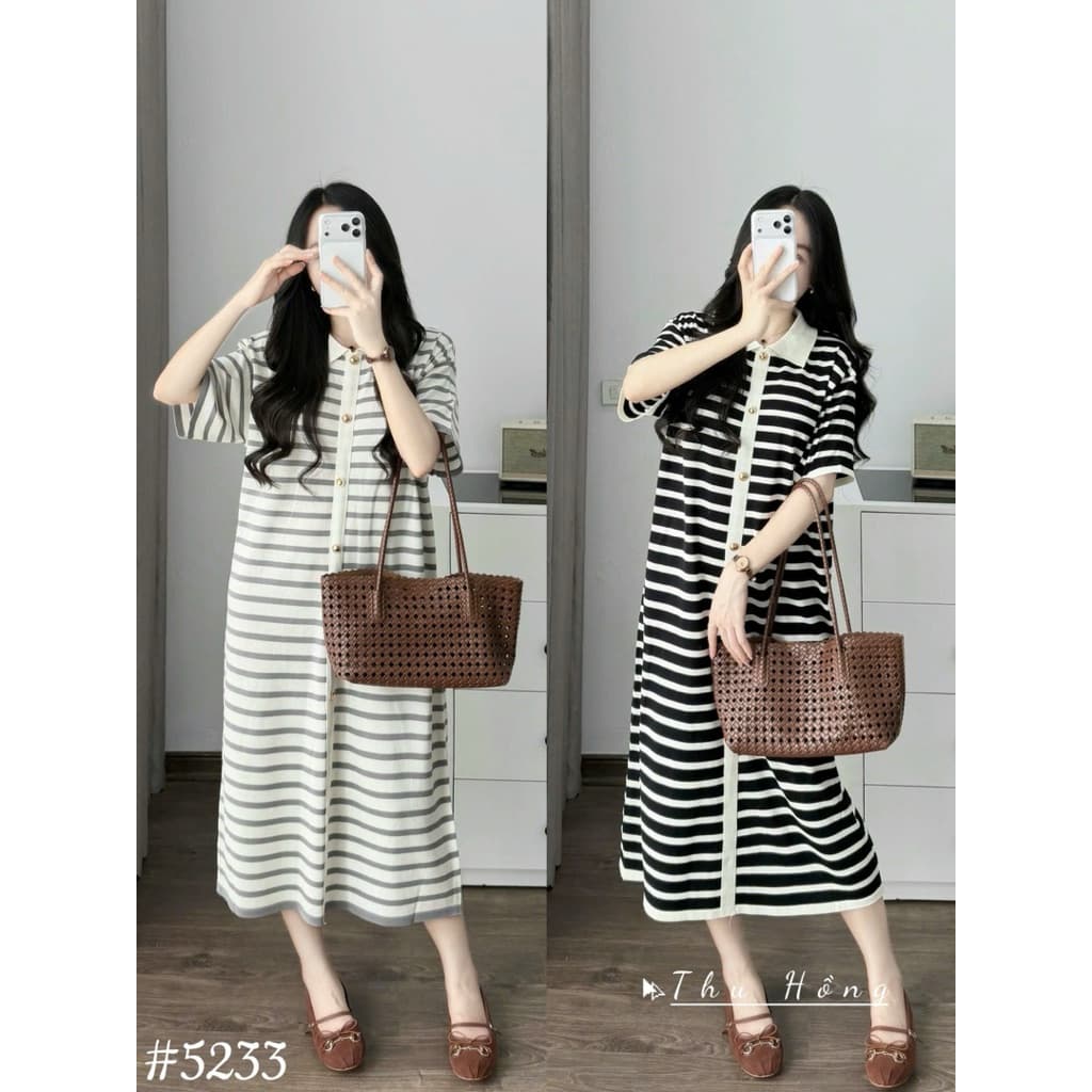 <Đầm Bầu Quynhanhhouse> (Qc) #5233 Váy polo kẻ khuy dọc Free sz ghi/đen Bầu bí bao đẹp