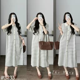 <Đầm Bầu Quynhanhhouse> (Qc) #5233 Váy polo kẻ khuy dọc Free sz ghi/đen Bầu bí bao đẹp 2