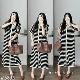 <Đầm Bầu Quynhanhhouse> (Qc) #5233 Váy polo kẻ khuy dọc Free sz ghi/đen Bầu bí bao đẹp 3