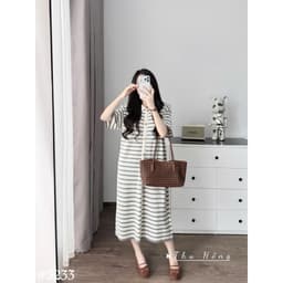 <Đầm Bầu Quynhanhhouse> (Qc) #5233 Váy polo kẻ khuy dọc Free sz ghi/đen Bầu bí bao đẹp 6