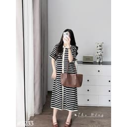 <Đầm Bầu Quynhanhhouse> (Qc) #5233 Váy polo kẻ khuy dọc Free sz ghi/đen Bầu bí bao đẹp 7