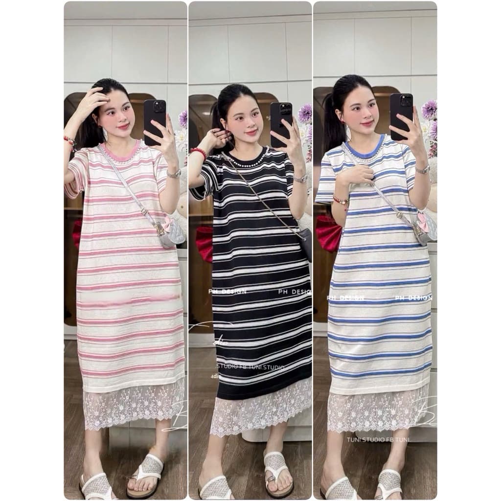 <Đầm Bầu Quynhanhhouse> (QC) Váy mongtoghi kẻ chân ren QC8619 freesz