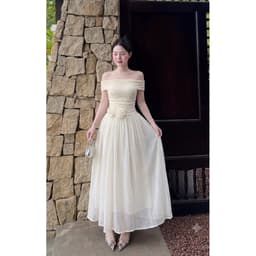 váy xoè bẹt vai hoa eo, váy dài sang chảnh 5