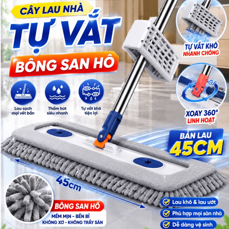 Cây Lau Nhà Tự Vắt Bông San Hô 45cm Kèm 2 Bông, Chổi Lau Nhà Tự Vắt Xoay 360 Độ Sợi Microfiber Siêu Sạch