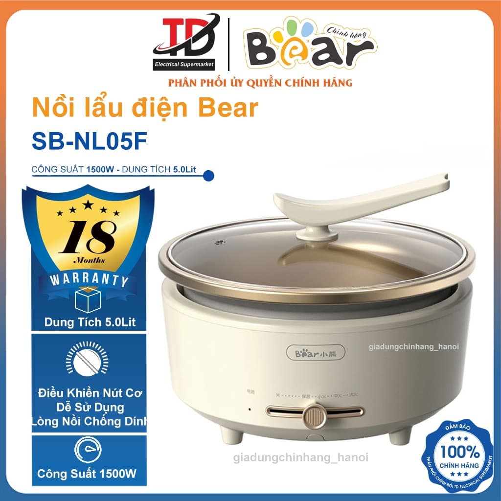 Nồi Lẩu Điện Bear SB-NL05F, 5Lit - Lòng Nồi Chống Dính, Điều Khiển Cơ, Hàng Chính Hãng