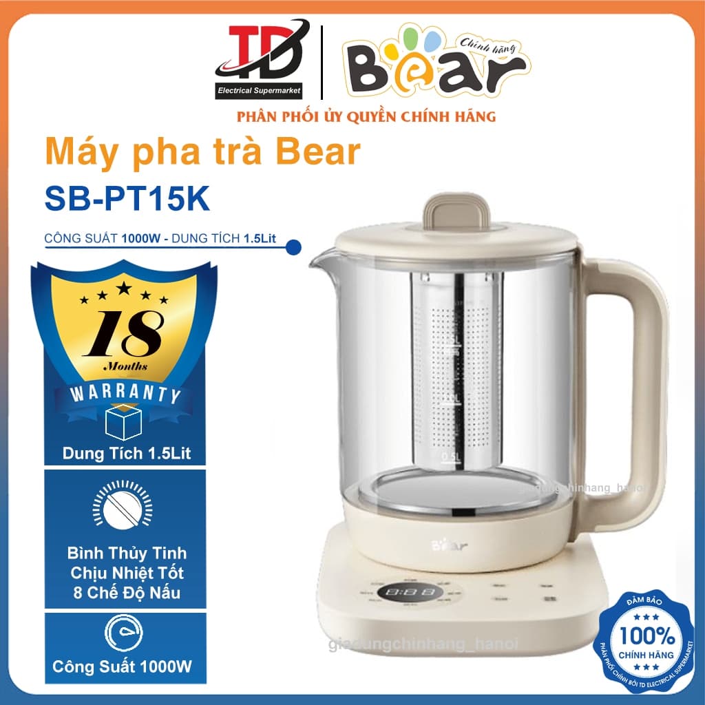 Máy Pha Trà BEAR SB-PT15K, Bình Thủy Tinh 1.5Lit - 1000w, 8 Chế Độ Nấu, Hàng Chính Hãng
