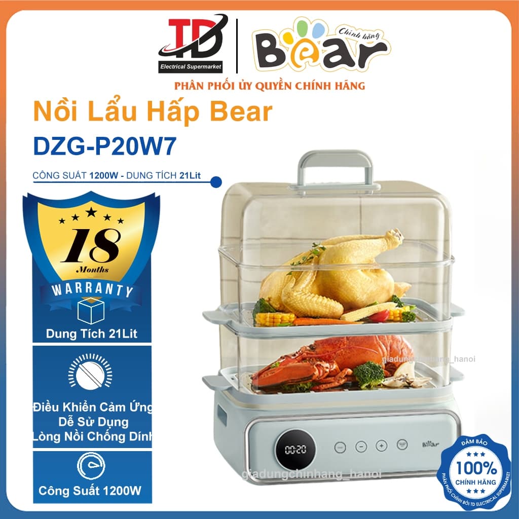 Nồi Hấp Điện 3 Tầng Bear DZG-P20W7, 21Lit - 1200w, Chiên Nướng Hấp Đa Năng, Hàng Chính Hãng