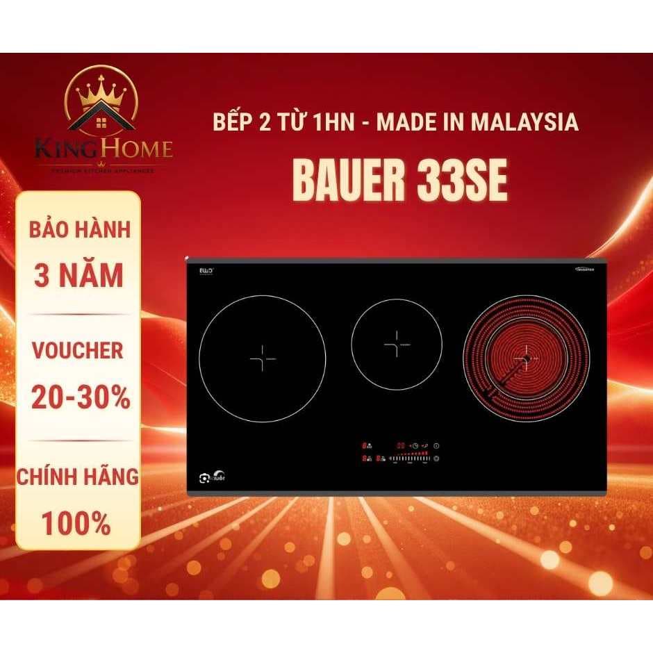 Bếp điện từ BAUER BE 33SE | Nhập khẩu nguyên chiếc Malaysia | Bếp 2 từ 1 hồng ngoại | Bảo hành 3 năm