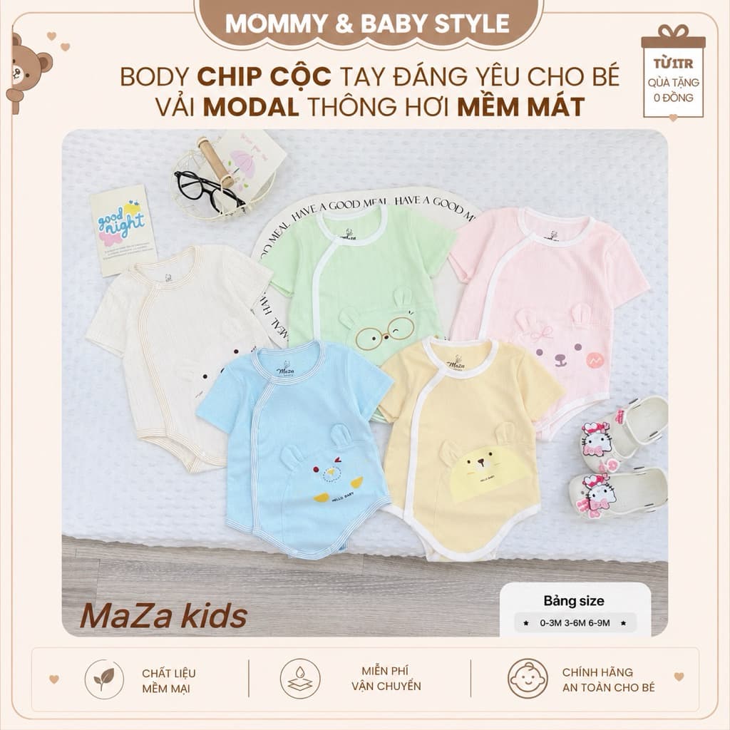 Body Chip Cộc Tay Modal Cho Bé Trai Bé Gái Sơ Sinh – Body Liền Thân Vải Modal Mềm Mát, Thấm Hút Tốt, Cài Lệch Tiện Lợi