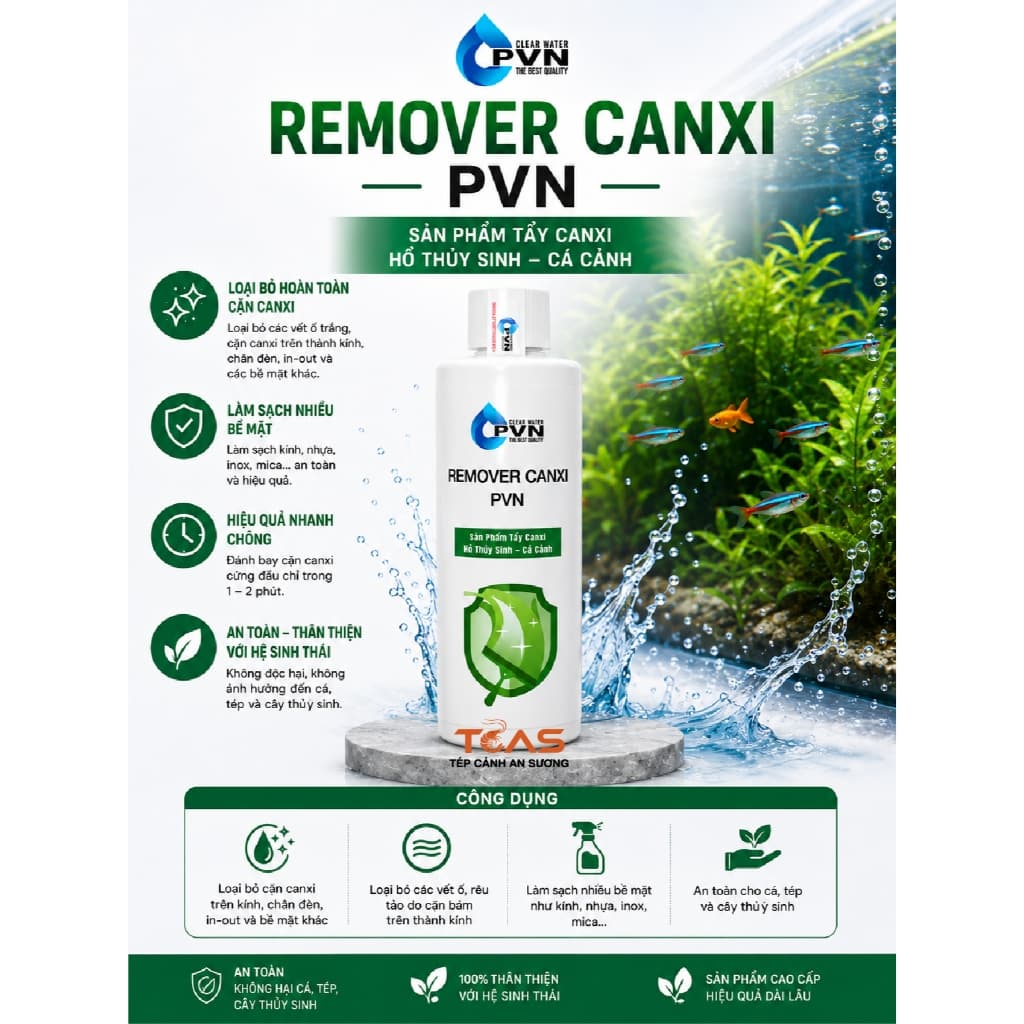 Tẩy cặn canxi bể cá Remover Canxi PVN - Dung dịch tẩy canxi, vệ sinh kính bể cá, bể thủy sinh
