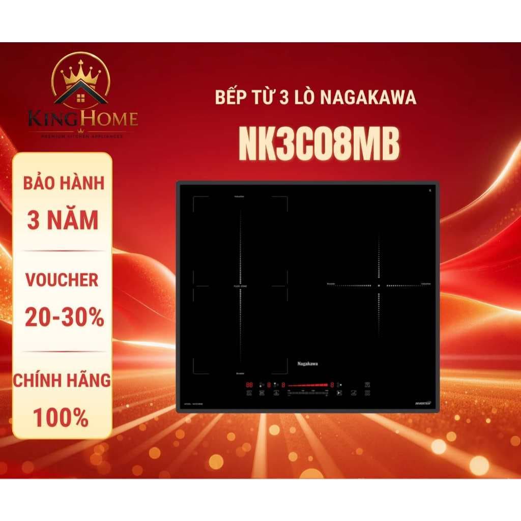Bếp 3 lò điện từ Nagakawa UltraSlim NK3C08MB, công suất 2700W, 9 mức công suất linh hoạt, bảo hành chính hãng