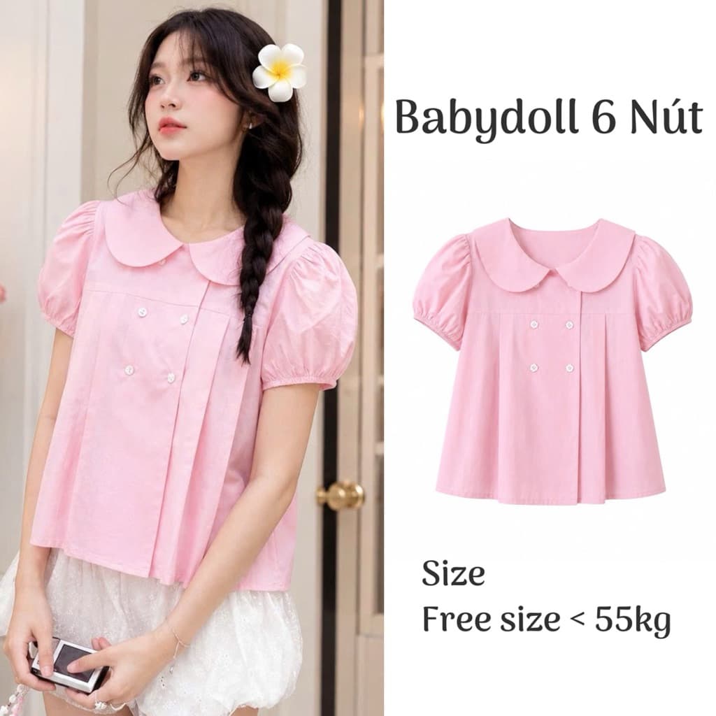 Áo babydoll hottrend cổ bèo tay phồng xếp ly trước ngực màu hồng baby đáng yêu BYN BYN BX248