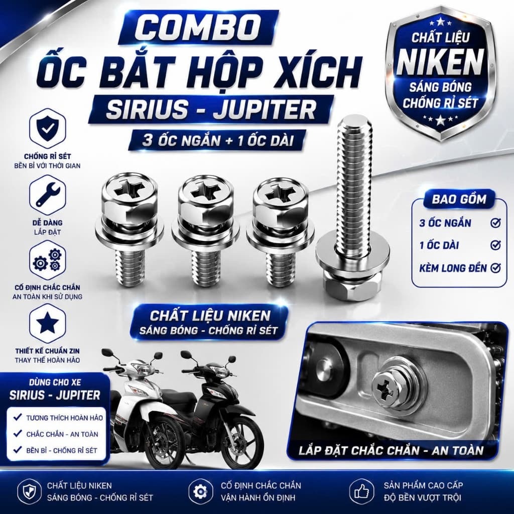 Ốc Hộp Xích Xe Máy gắn cho xe sirius ya 6 ly và 5 ly chất liệu Niken không rỉ sét phụ tùng xe máy caoduongracing