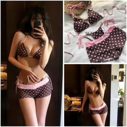 EMMA Set 3 Mảnh Bikini Chấm Bi Đính Nơ Ruy Băng, Quần Đùi Tôn Dáng Che Đào Xinh 2