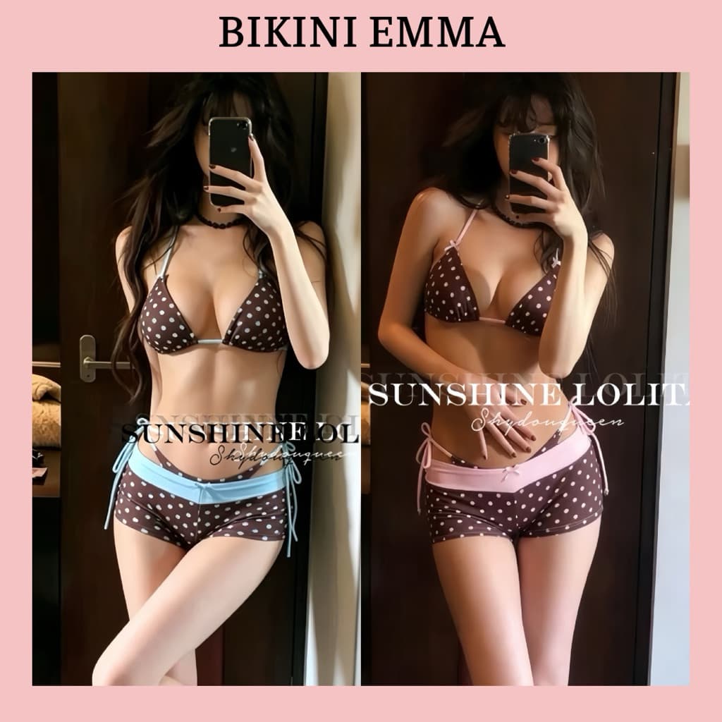 EMMA Set 3 Mảnh Bikini Chấm Bi Đính Nơ Ruy Băng, Quần Đùi Tôn Dáng Che Đào Xinh