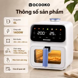 Nồi chiên không dầu hơi nước Qcooko cống suất 1500 dung tích 6L, Màn Hình Cảm Ứng, Bảo Hành 12 Tháng 9