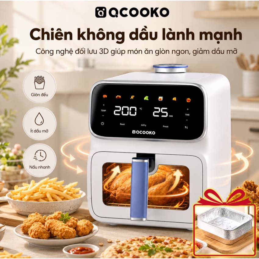 Nồi chiên không dầu hơi nước Qcooko cống suất 1500 dung tích 6L, Màn Hình Cảm Ứng, Bảo Hành 12 Tháng