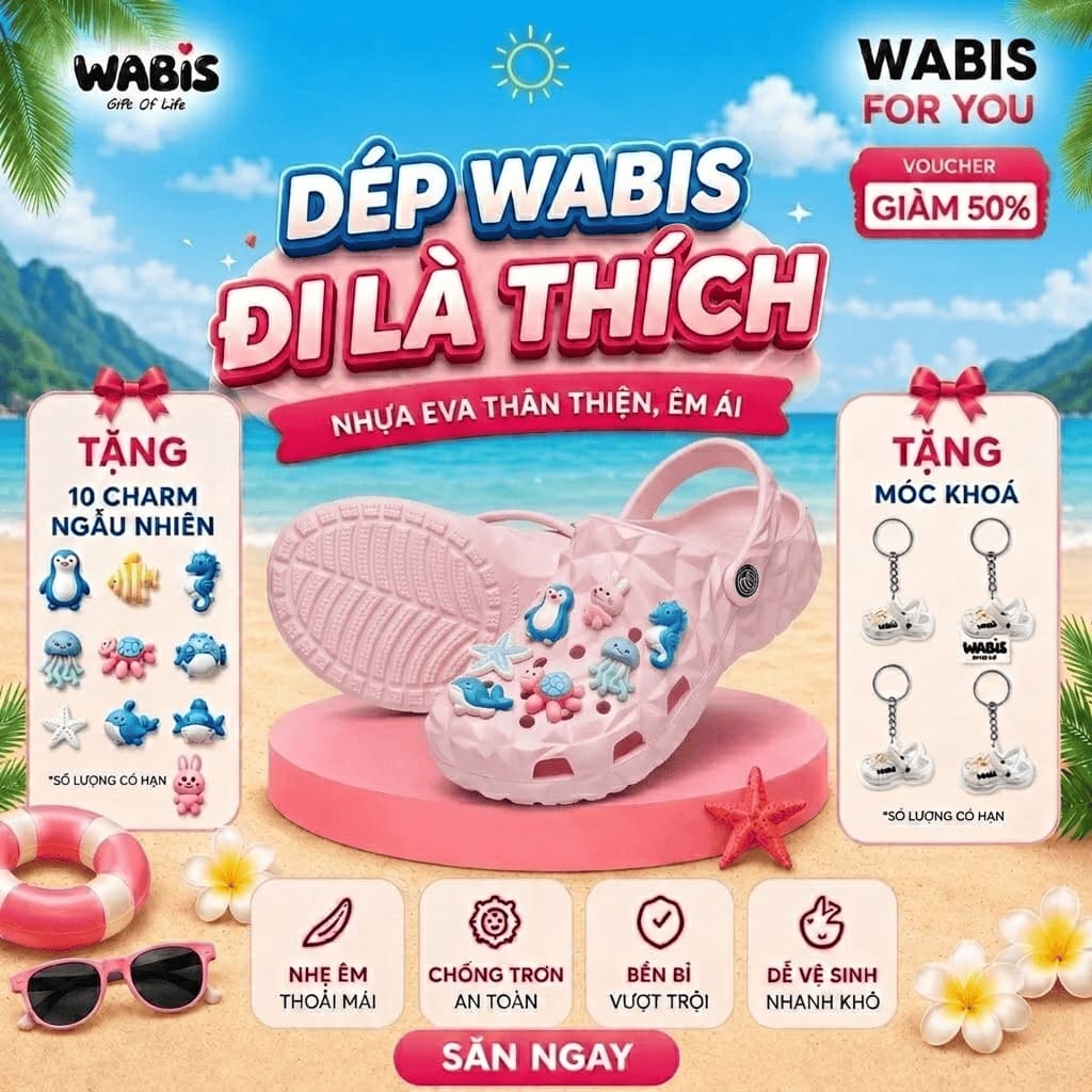 [Tặng Charm + Móc Khoá]Dép Sục Kim Cương WABIS Đế 3cm Không Thấm Nước, Chống Trượt [WUC-V3]